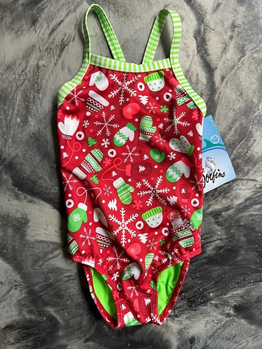 NWT New DOLPHIN UGLIES Red Green Christmas Racing Swimsuit Holiday Mittens 4